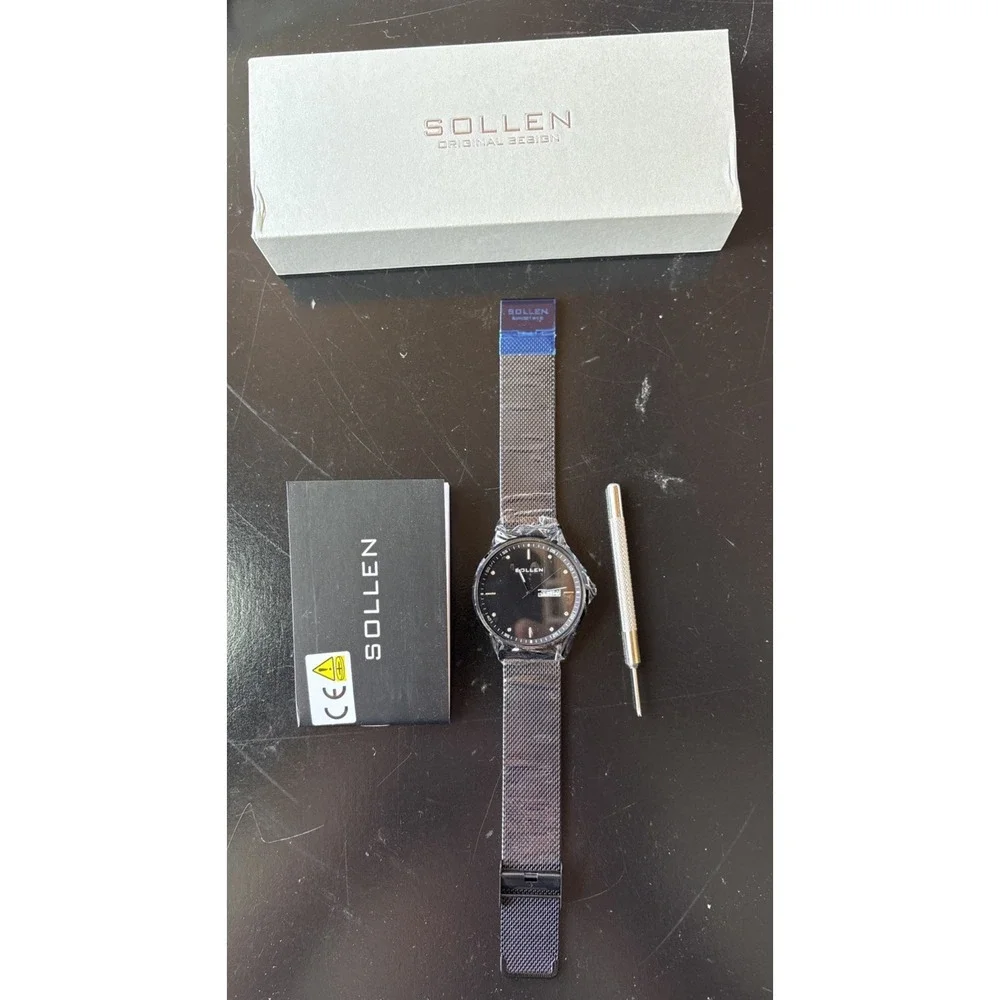 SOLLEN Men's Quartz Watch New In Box Black Dial Silver Mesh Band W/Tool (19)